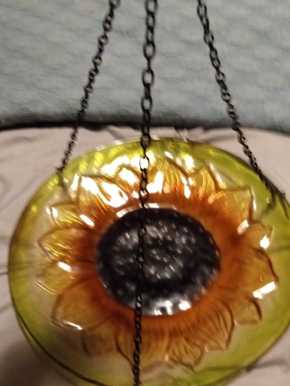 Source Unknown Green and Amber Sunflower Glass Hanging Plate